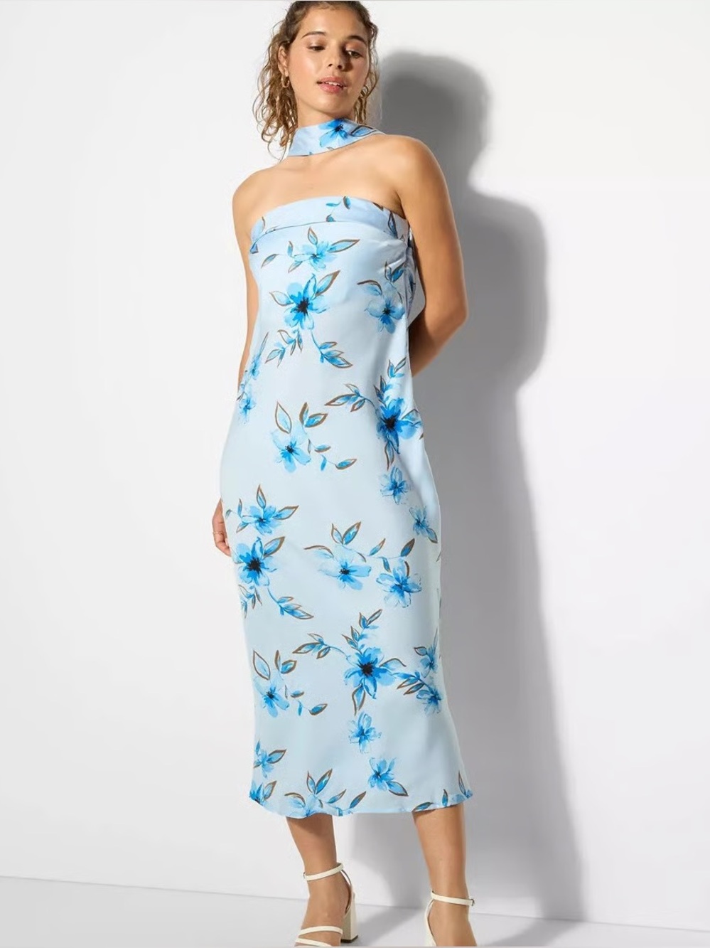 wild fable Light Blue Floral Strapless Midi Dress w/Cut Out Back & Sash NWT XXS